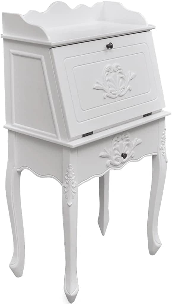 vidaXL Wooden Secretary Desk Vintage Storage French Style White Carved Writing