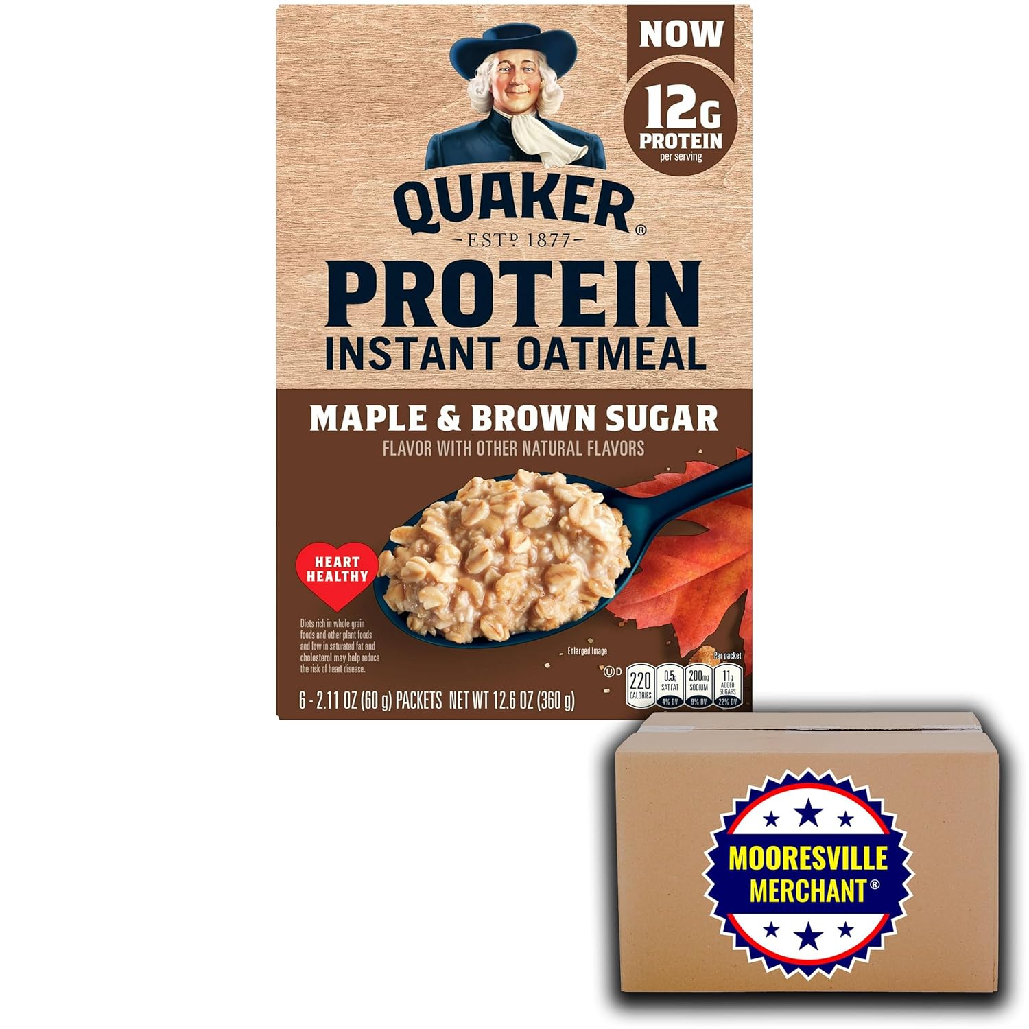 Quaker Protein Instant Oatmeal Maple & Brown Sugar, 6 Packets, 2.11 oz, 1 Box with Mooresville Merchant Decal