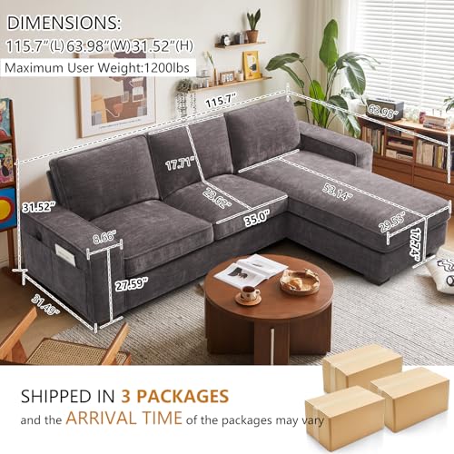 ASHOMELI 99“ Convertible Sectional Sofa,L Shaped Couch for Living Room,Multi-Functional Reversible Sofa with USB and Type-C Charging Ports, Storage Space, Breathable Fabricg Ports (Beige)