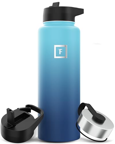 IRON °FLASK Camping & Hiking Hydration Flask with 3 Lids - Stainless Steel, Double Walled & Vacuum Insulated Water Bottle - Leak Proof & BPA Free (Midnight Black, Straw - 40 oz)
