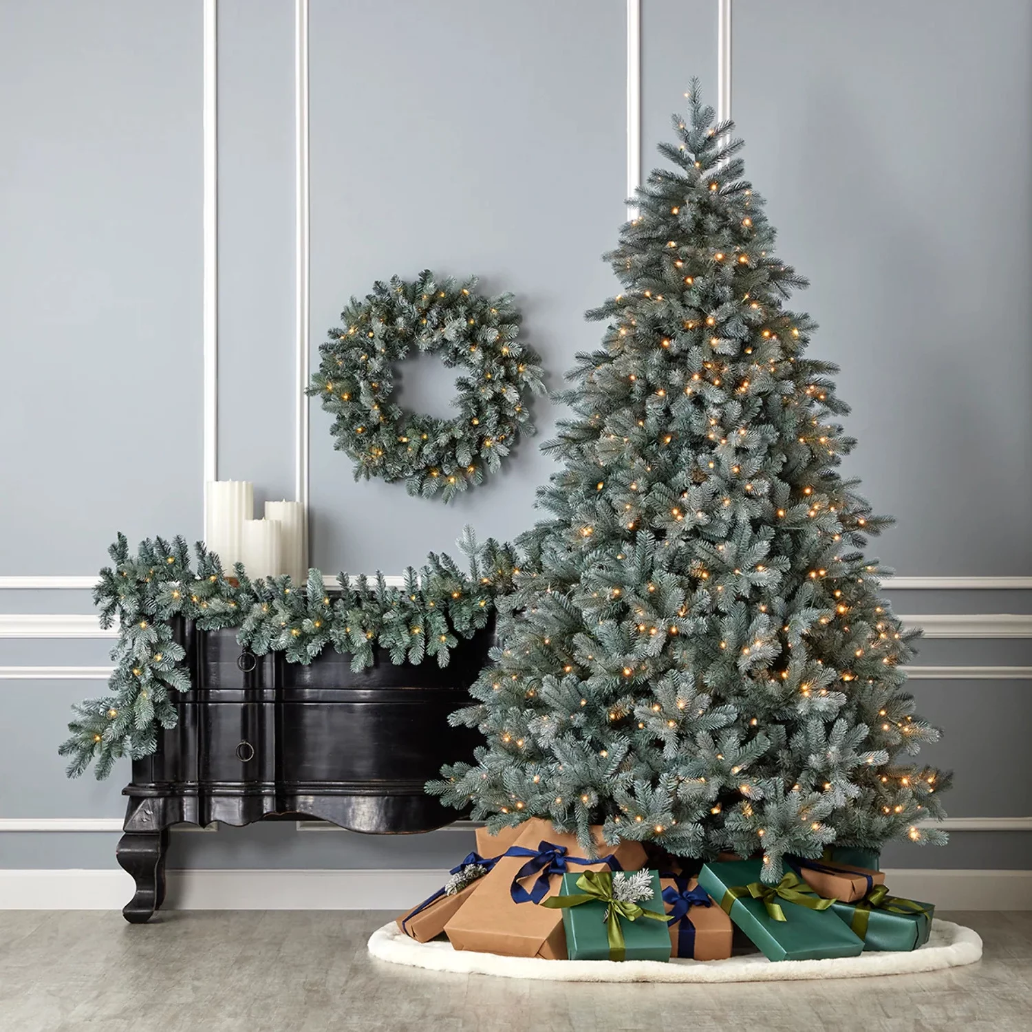 Blue Spruce 9ft Garland Pre-Lit with 50 Warm White LED Lights and Battery Operated - by Seasonal LLC