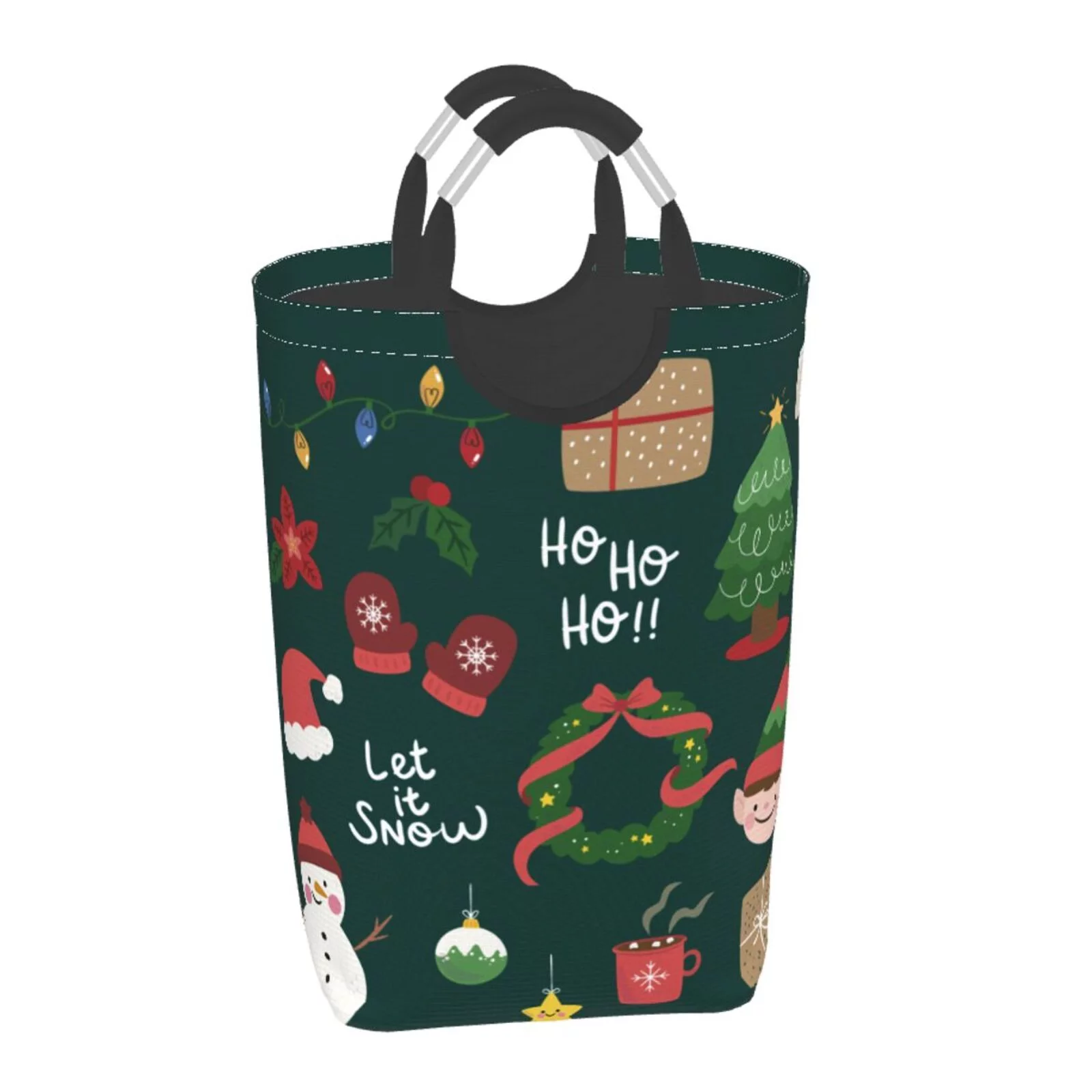 XMXT Collapsible Laundry Basket Hamper, Christmas Elf Snowman Pattern Large Laundry Bag Clothes Hamper with Aluminum Handle, 50L