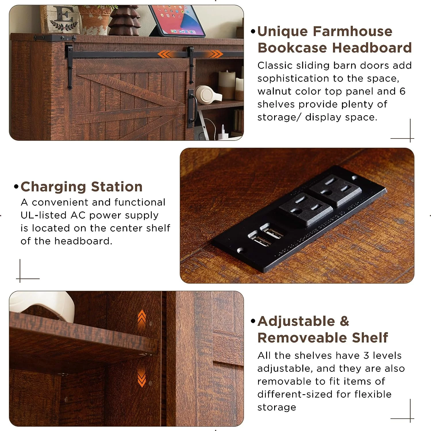 OKD Modern Farmhouse King Platform Bed Frame with Storage Headboard and Charging Station, Reclaimed Barnwood Finish