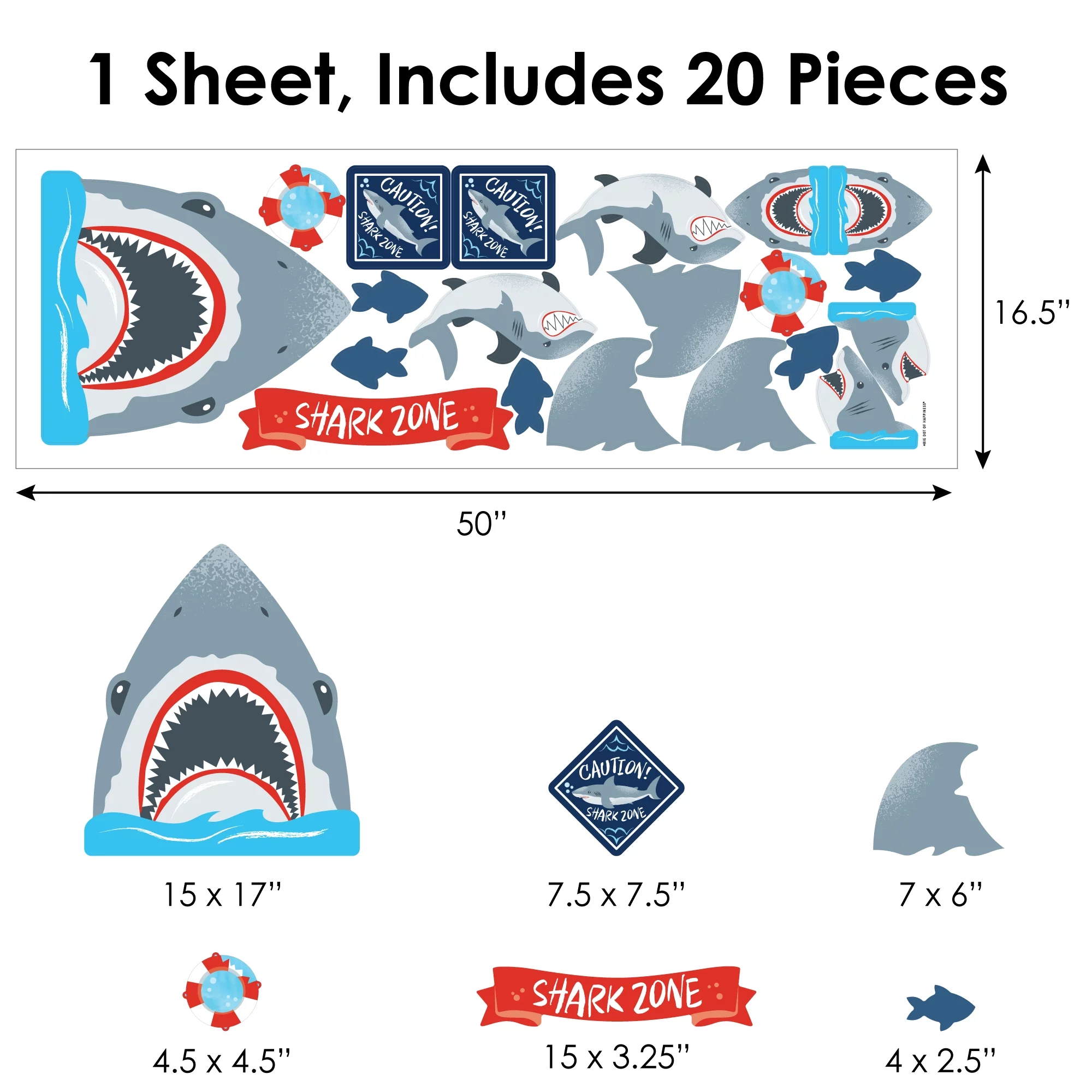 Big Dot of Happiness Shark Zone - Peel and Stick Kids Room Vinyl Wall Art Stickers - Wall Decals - Set of 20