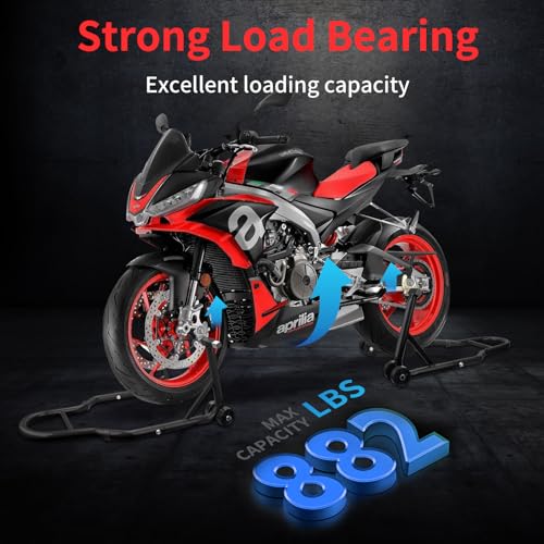 Motorcycle Stand‌ & ‌Lift‌ Combo 882LBS ‌Motorcycle Jack‌ Front/Rear Wheel Stand Universal Fit for Sport Bikes (Yamaha/Kawasaki), Garage/Driveway Use by Mechanics (Black)
