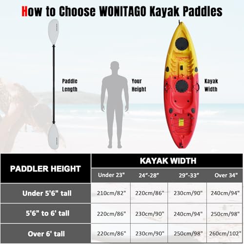 Kayak Paddles with Alloy Shaft and PP Blade, Floating Kayaking Oars, Adjustable 230-250 cm/90-98 Inches, 210-230 cm/82-90 Inches