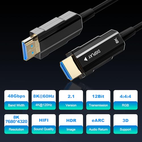 Fiber Optic HDMI Cable 50ft, 8K Long HDMI 2.1 Cable, Ultra High Speed Fiber HDMI Cord, 48Gbps, 8K@60Hz 4K@120Hz, Dynamic HDR, eARC, HDCP 2.2&2.3, 3D, for HDTV Monitor Game Laptop Xbox PS4/PS5