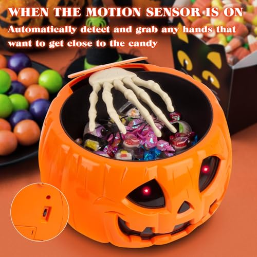QEQEKAKA Animatronic Halloween Candy Bowl Decorations - Motion Activated Pumpkin Candy Bowl with Creepy Sound, Skull Hand, Glowing Eyes, for Trick or Treat, Indoor Halloween Party Decoration