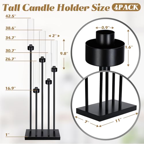 Tessco for you 4 Pcs Halloween Floor Black Candelabra Table Centerpieces 42.5'' 5 Arm Tall Metal Candle Holder Candlestick with Acrylic Lampshades Pillar Taper Candle Stand for Wedding Dining Party