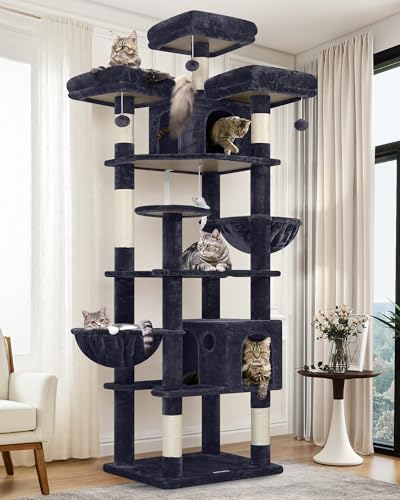 Globlazer Cat Trees and Towers for Multiple Adult Cats, 82-inch XXL Tall Cat Tree Tower for Indoor Cats with Scratching Post, 3 Perches, 2 Condos, 2 Hanging Baskets, F82, Light Grey