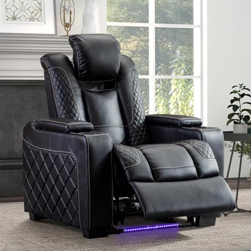 Electric Power Recliner Chair with Adjustable Headrest, Faux Leather Home Theater Seating Chairs with Ambient Lighting, Hidden Arm Storage, USB Ports, Cup Holders, for Movie & Media Room, Brown