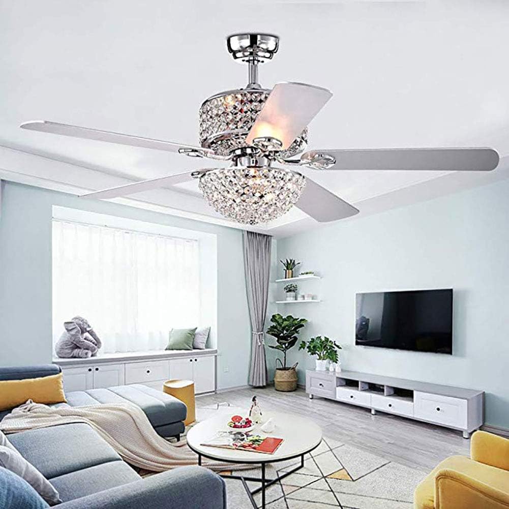 TFCFL Modern 52in Crystal Ceiling Fan with Light and Remote 5 Blades Chandelier Fan Lighting with 3 Speed Adjustable & Timing Function, Crystal Ceiling Fan for Living Room Bedroom Office (Silver)