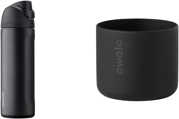 OwalaOwala FreeSip Insulated Stainless Steel Water Bottle, Very Dark & Silicone Water Bottle Boot, Anti-Slip Protective Sleeve Cover, BlackOwala