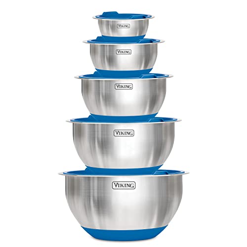 VIKING Culinary Stainless Steel Mixing Bowl Set, 10 piece, Non-slip Silicone Base, Includes Airtight Lids, Dishwasher Safe, Grey
