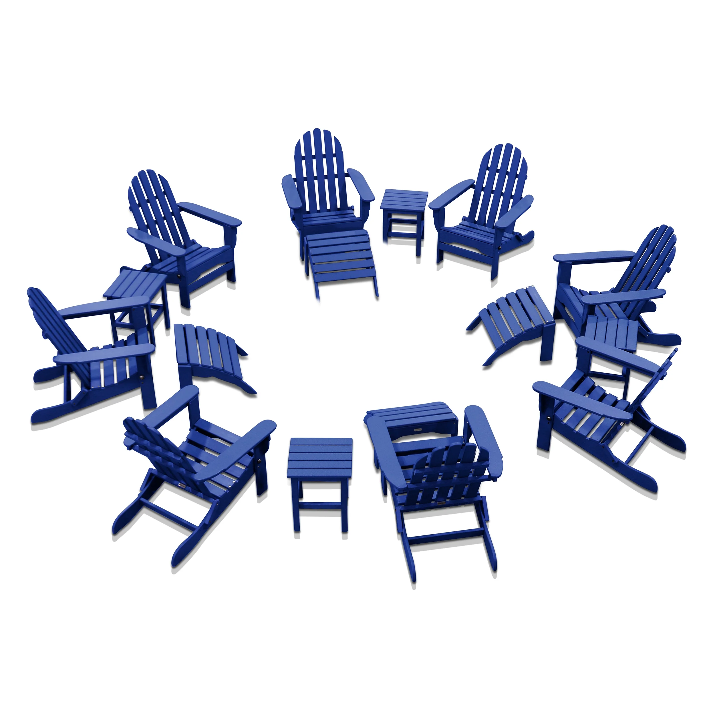 DuroGreen 16-Pc Folding Adirondack Chair Set, 8 Chairs, 4 Ottomans, and 4 Side Tables Made With All-Weather Tangentwood, Oversized, High End Patio Furniture, No Maintenance, USA Made, Royal Blue