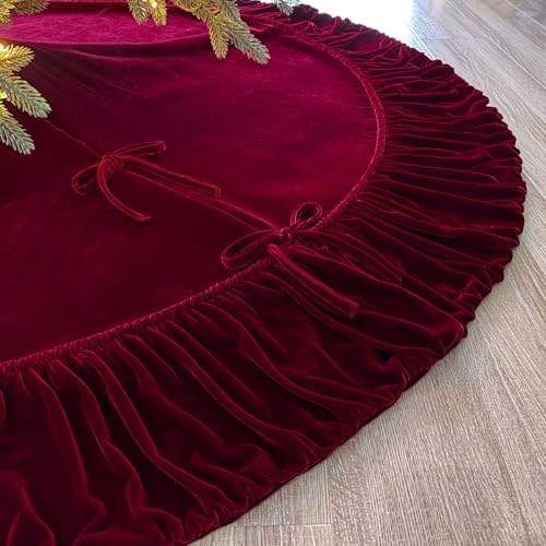 60-Inch Ruffled Velvet Christmas Tree Skirt with Foam Padding, Nylon Backing and Lace-Up Tie Closure, Burgundy