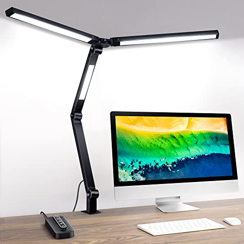 MediAcous LED Desk Lamp with Clamp, 20W Three Lights Desk Light for Home Office, Flexible Swing Arm, Control Box, 4 Color Modes, 4 Brightness, Memory Function, Eye-Caring Clip-on Lamp for Workbench