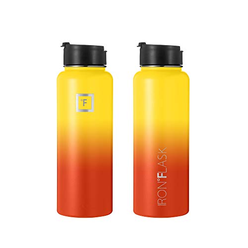 IRON °FLASK Camping & Hiking Hydration Flask with 3 Lids - Stainless Steel, Double Walled & Vacuum Insulated Water Bottle - Leak Proof & BPA Free (Midnight Black, Straw - 40 oz)