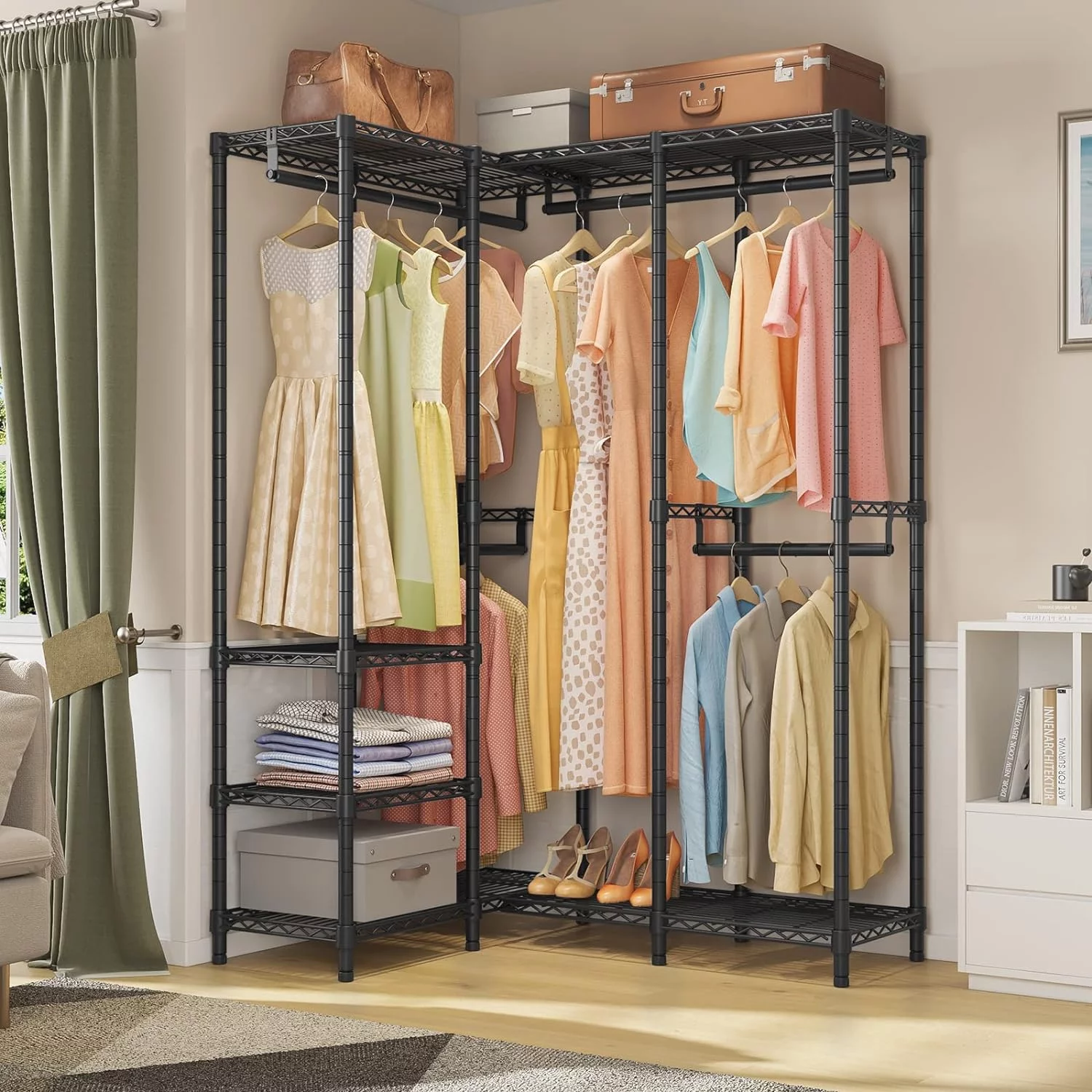 L40 Garment Rack Corner Closet Rack Freestanding L Shaped Clothes Rack, Portable Wardrobe Closet Heavy Duty Metal Clothing Rack For Hanging Clothes, Max Load 900Lbs, Medium Size (Black)