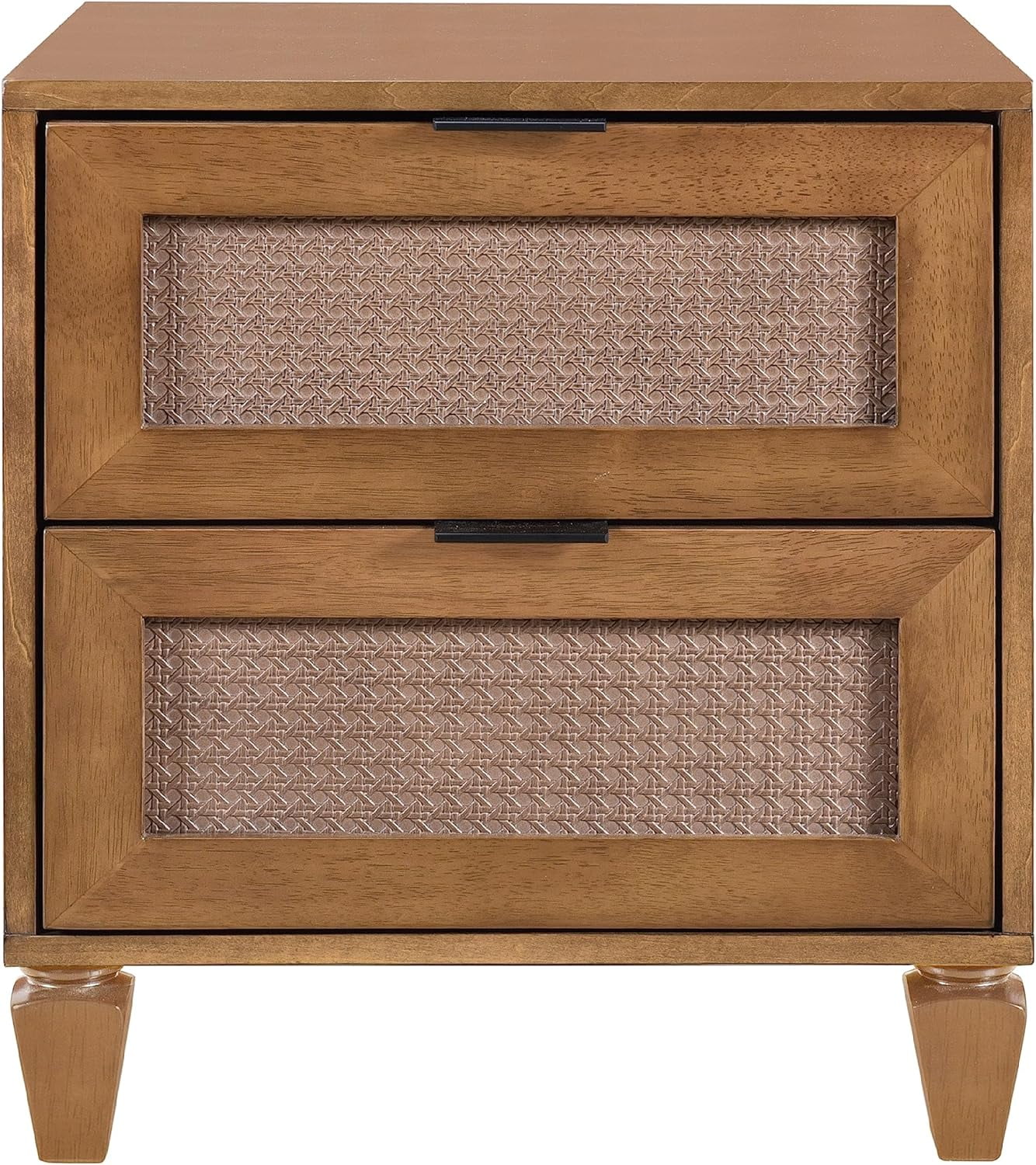 DG Casa Cove Rattan 2-Drawer Small Nightstand in Walnut with Mixed Materials & Detailed Leg Design