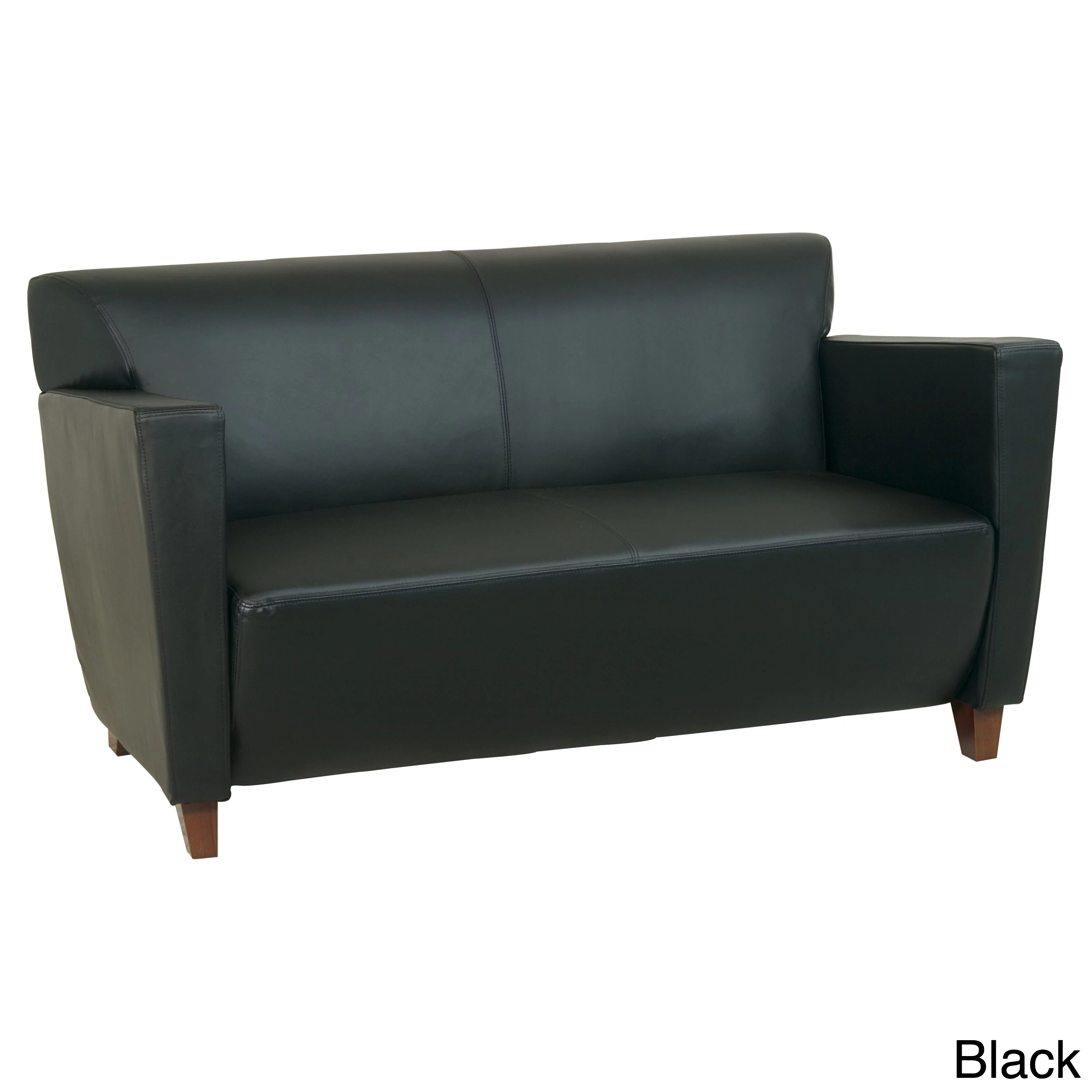 Black Bonded Leather Love Seat With Cherry Finish Legs
