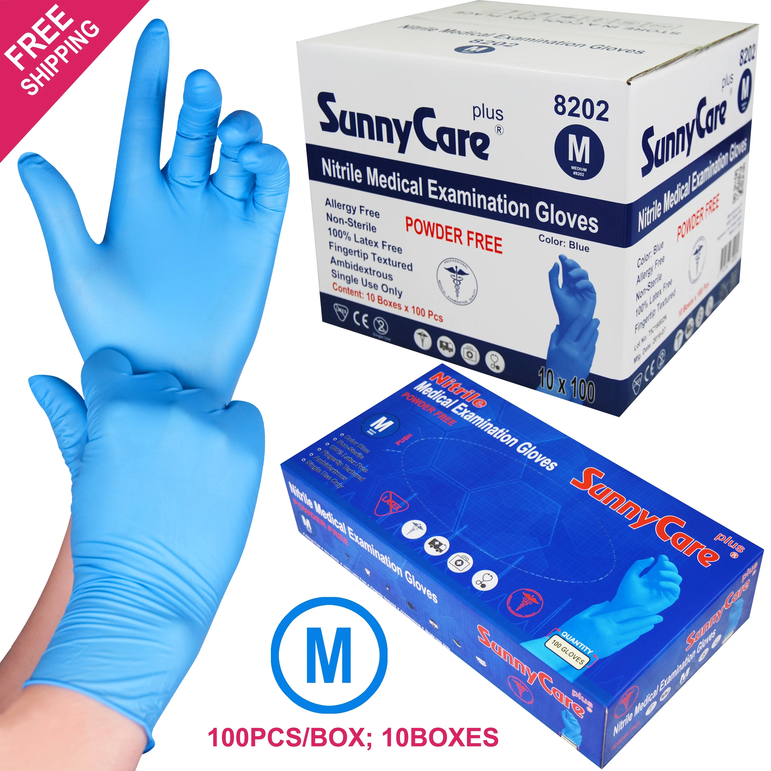 1000 SunnyCare Blue Nitrile Medical Exam Gloves Powder Free Chemo-Rated (Non Vinyl Latex) Size: Medium