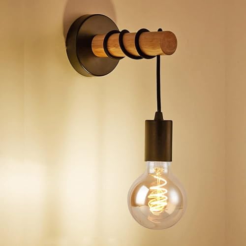 Creative Wall lamp, Vintage, Industrial Design, Retro lamp Made of Metal and Wood, Suitable for corridors, corridors, Rooms, Colour: Black, Brown, Socket: E27 (Color : Bianco)