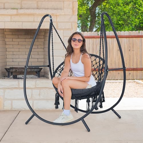 ANOW Macrame Hammock Chair with Stand for Outside, Heavy Duty Hanging Chair Stand with Swing Chair, Includes Seat Cushion, Max 400 Lbs, Natural