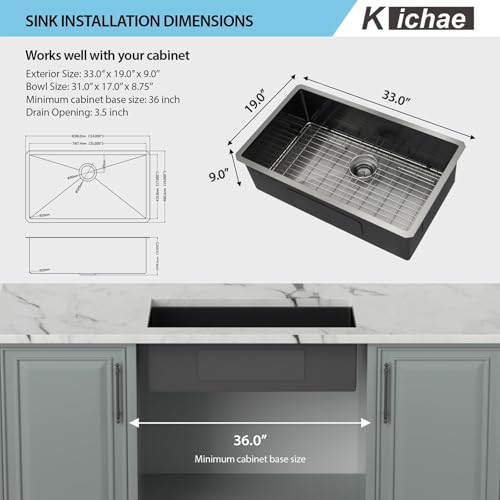 Kichae 12“ Deep Laundry Sink Undermount - 24 Inch Black Undermount Utility Sink Stainless Steel Single Bowl Under Counter Handmade Laundry Utility Room Basin