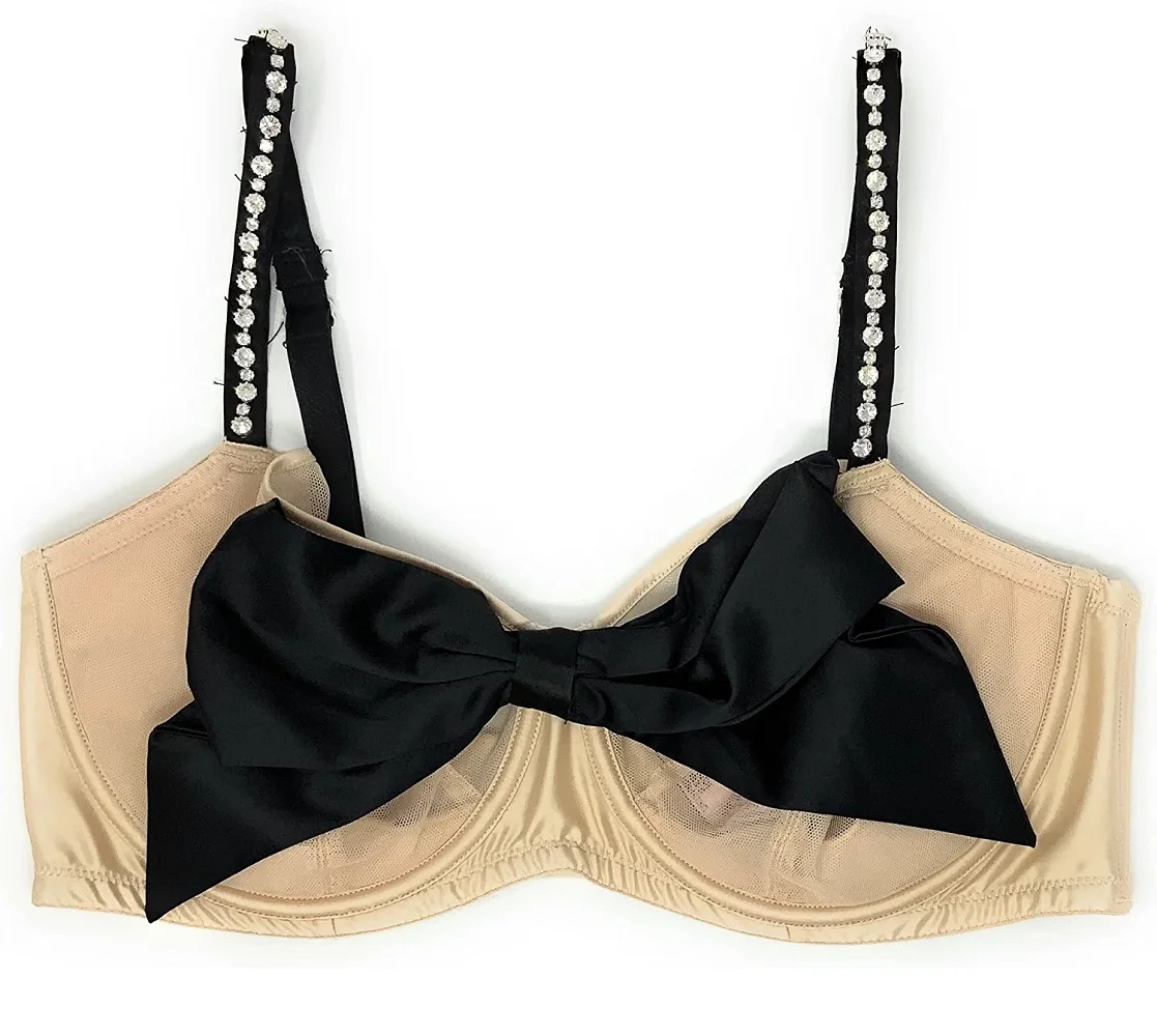 Victoria's Secret Dream Angels Push-Up Without Padding Bra Satin Bow Beige Rhinestone Strap 36DD NWT