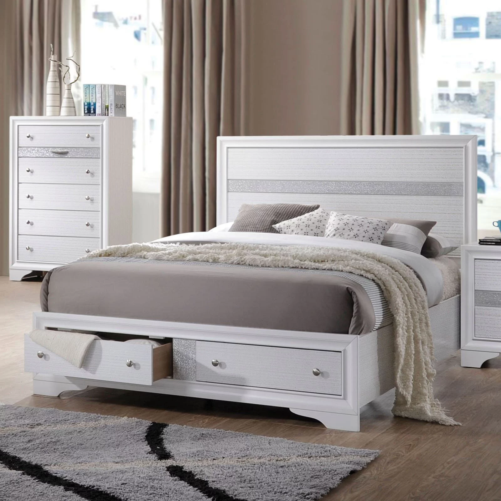 ACME Naima Eastern King Bed with Storage in White Rubberwood, Multiple Sizes