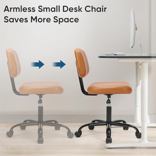 DUMOS Armless Small Home Office Desk Chair - Vanity Task Chair with Low Back, Height Adjustable PU Leather Swivel Computer Chair with 360° Rolling Wheels, Deep Brown
