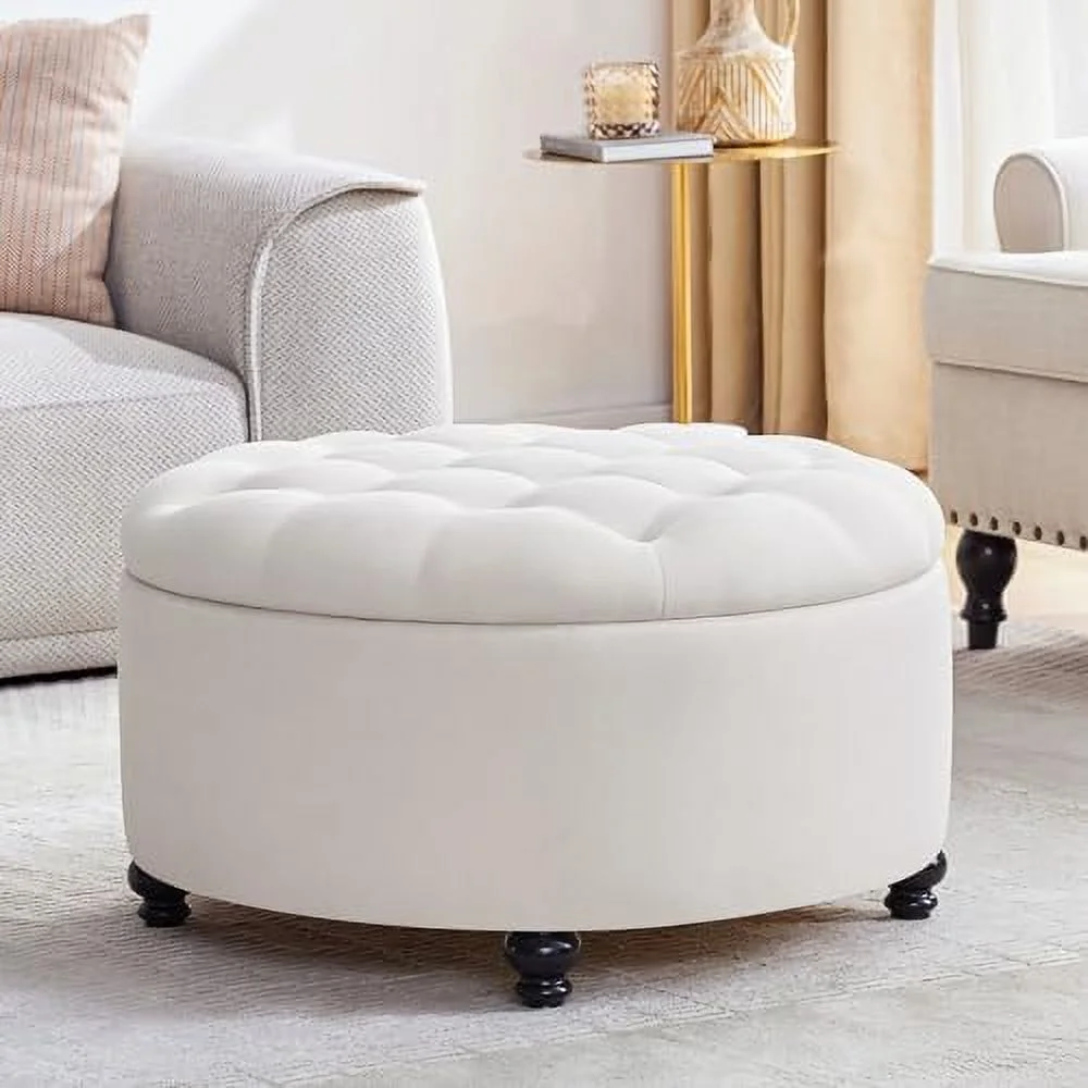30-Inch Round  Ottoman   Button Tufted Coffee Table with Removeable Top  Upholstered Ottoman with  Footrest Stool for Living Room  Bedroom and Office(Grey)