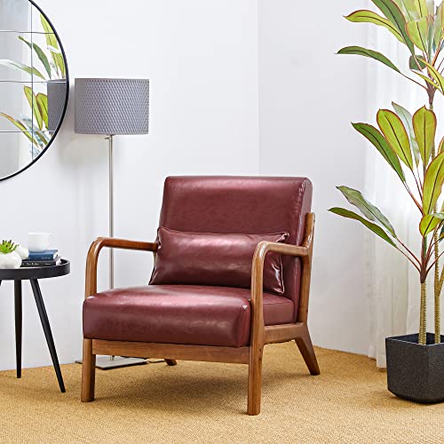 Glitzhome 2 Set Mid Century Black Accent Armchair, Single Reading Armchair PU Leather Lounge Chair with Walnut Ruberwood Frame