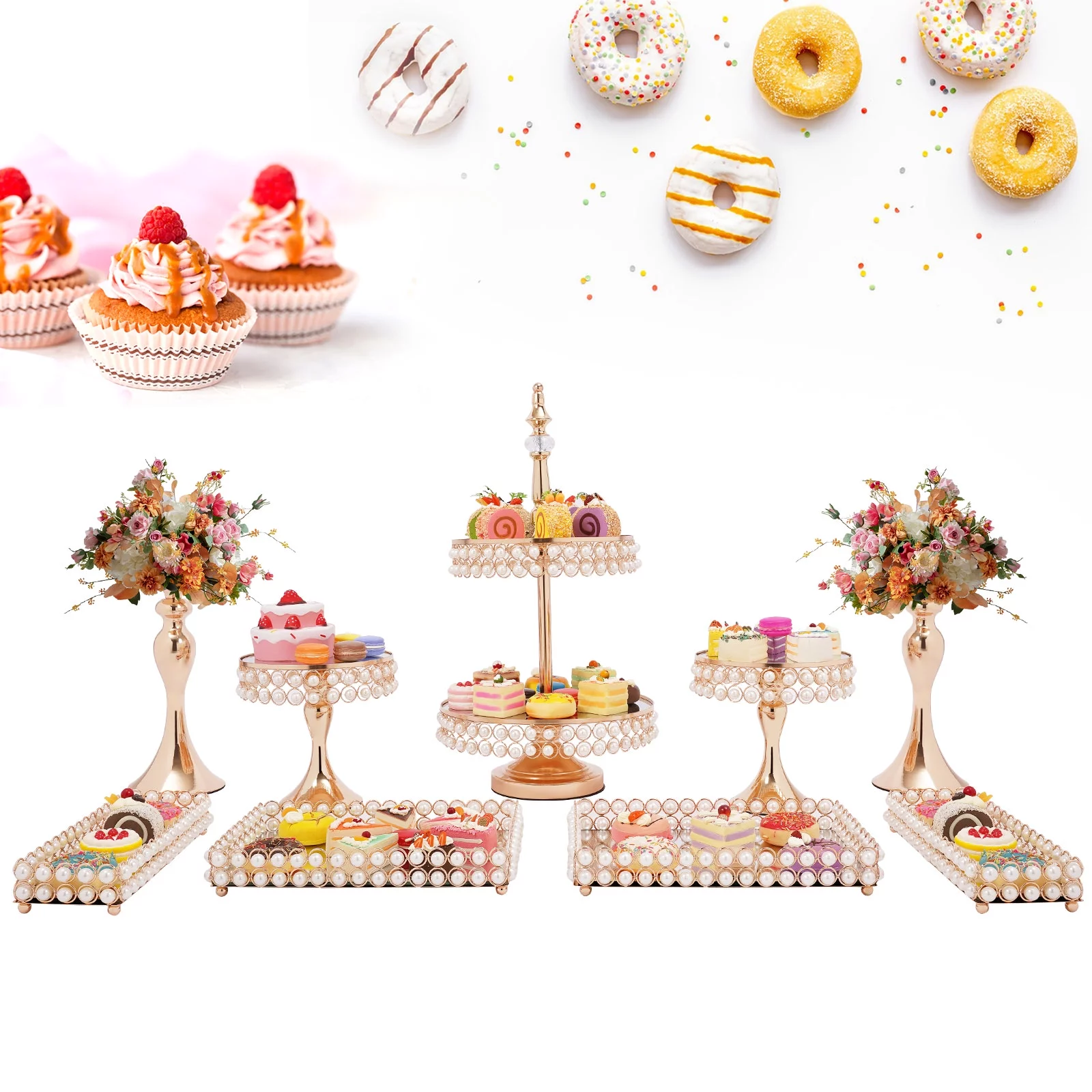 Aiqidi 9Pcs Acrylic Pearl Cake Stand Set Gold Metal Cake Stands Tempered Glass Mirror Pastry Tray Wedding Cupcake Display Holder