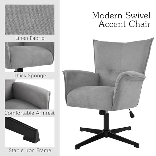 DAGONHIL Home Office Desk Chair No Wheels Armchair Linen Fabric Swivel Chair High-Back Wide Seat Upholstered Accent Chair with Metal Legs Computer Chair, Beige