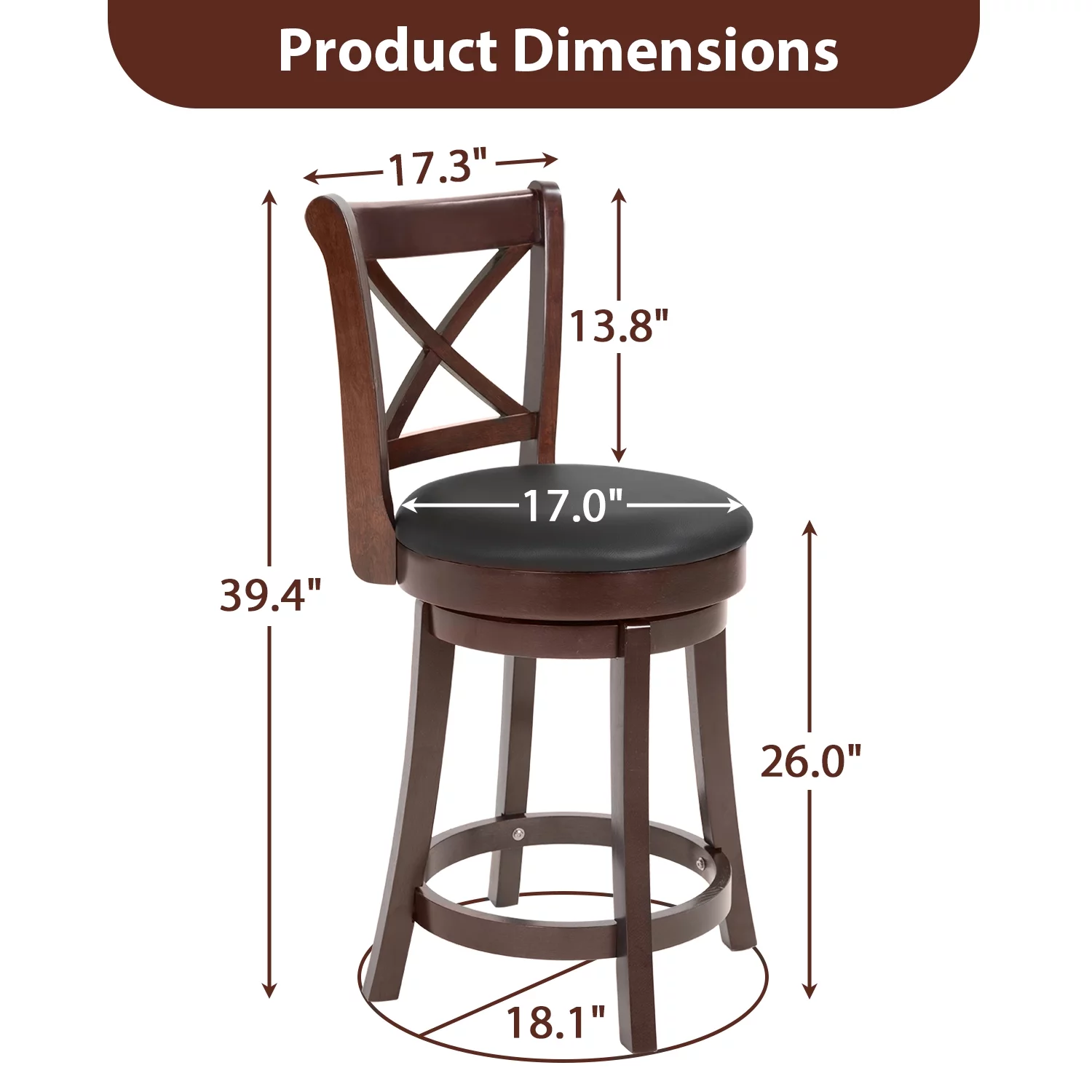 Bar Stools Counter Stools Kitchen Barstools with Wooden Low Back, 360 Degree Swivel, PU Leather Set of 2 (Brown)
