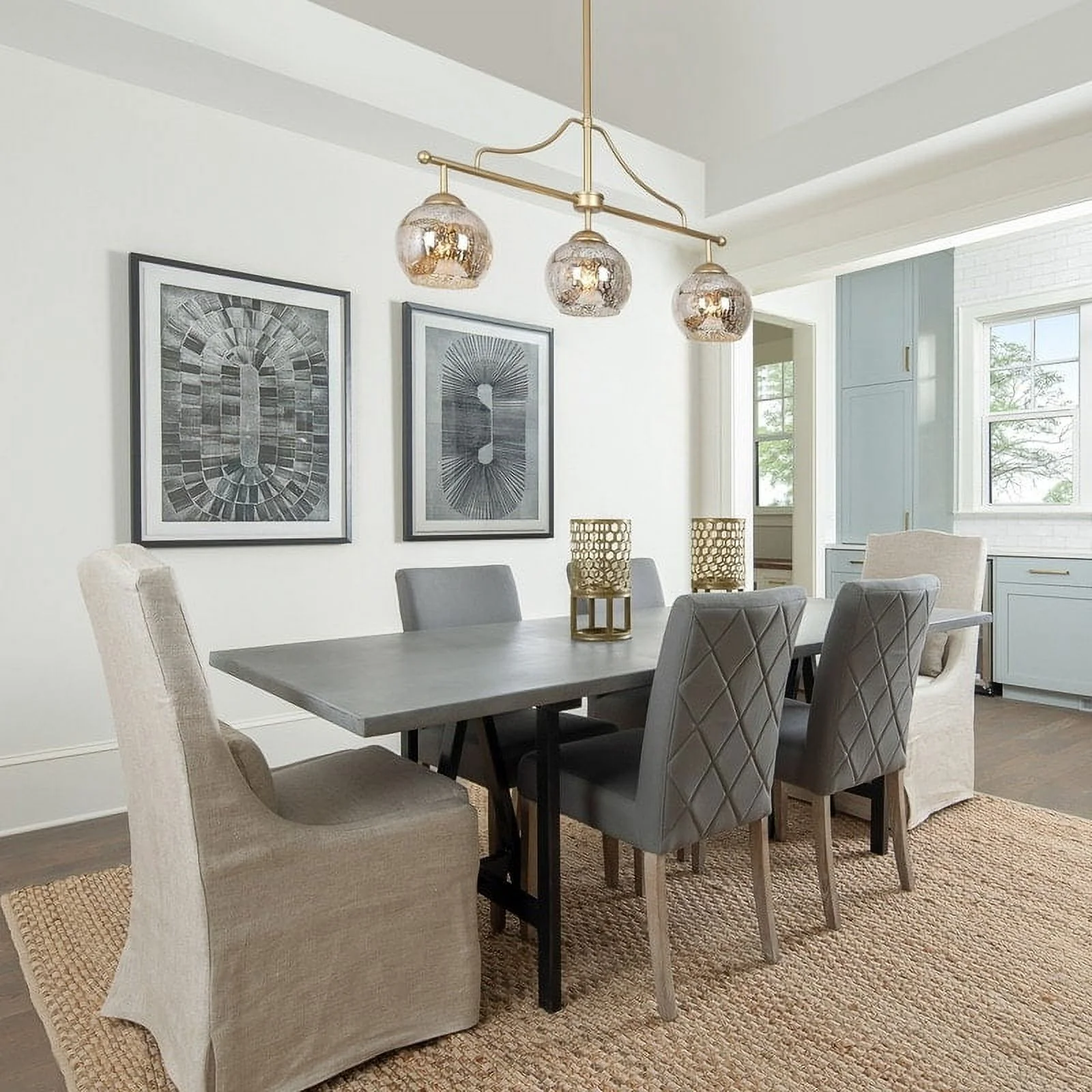 Ziv Mid-Century Modern 3-Light Gold Linear Chandelier Mercury Glass Island Lights for Dining Room Brass