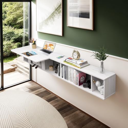 Pmnianhua 70'' Floating Desk with Storage Shelves,Wall Mounted Desk Laptop Computer Writing Study Table for Bedroom Small Space(Dark Grey)