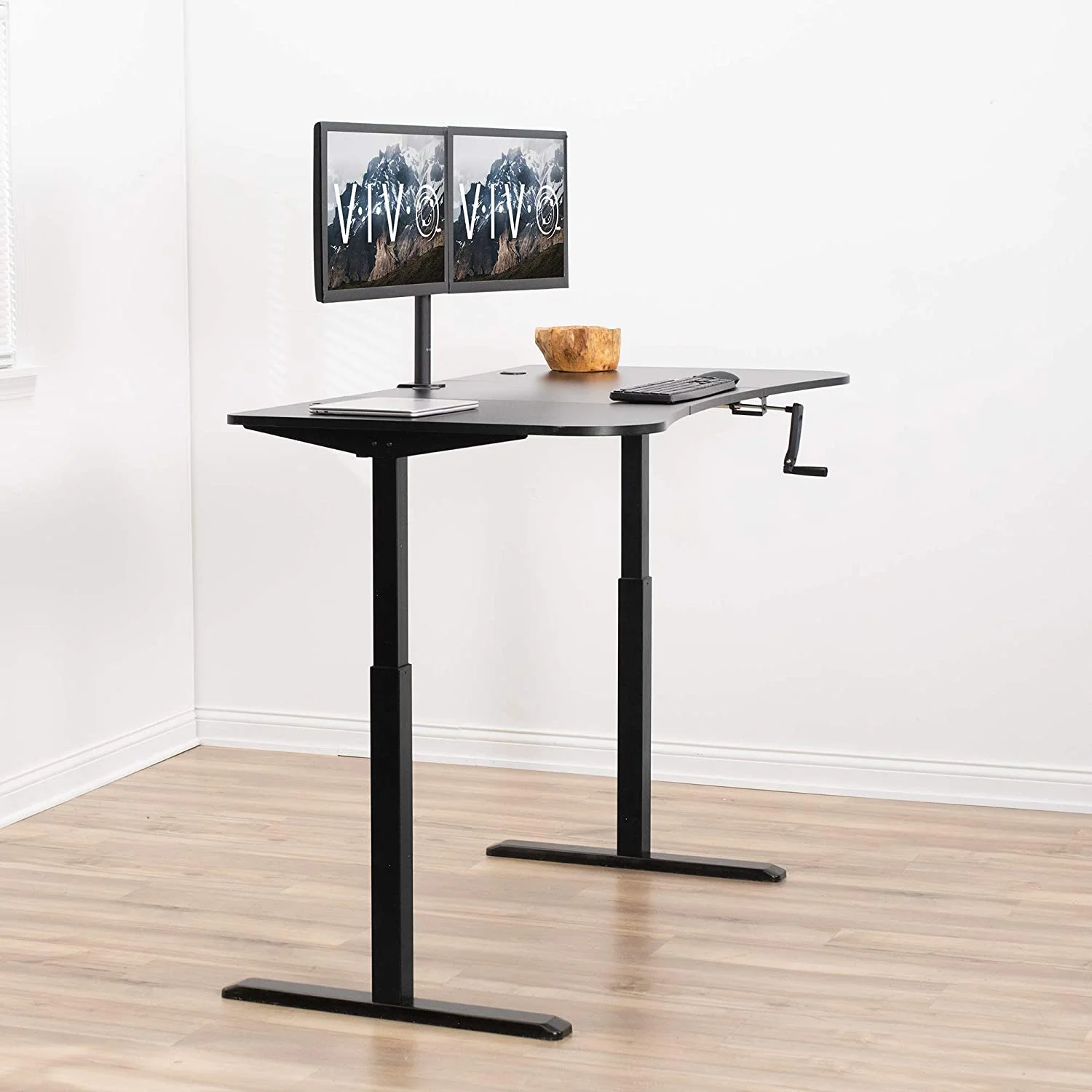 Height Adjustable 63 X 32 Inch Stand Up Desk, Crank System, Workstation With Black Table Top, Black Frame, DESK-KIT-1M1B