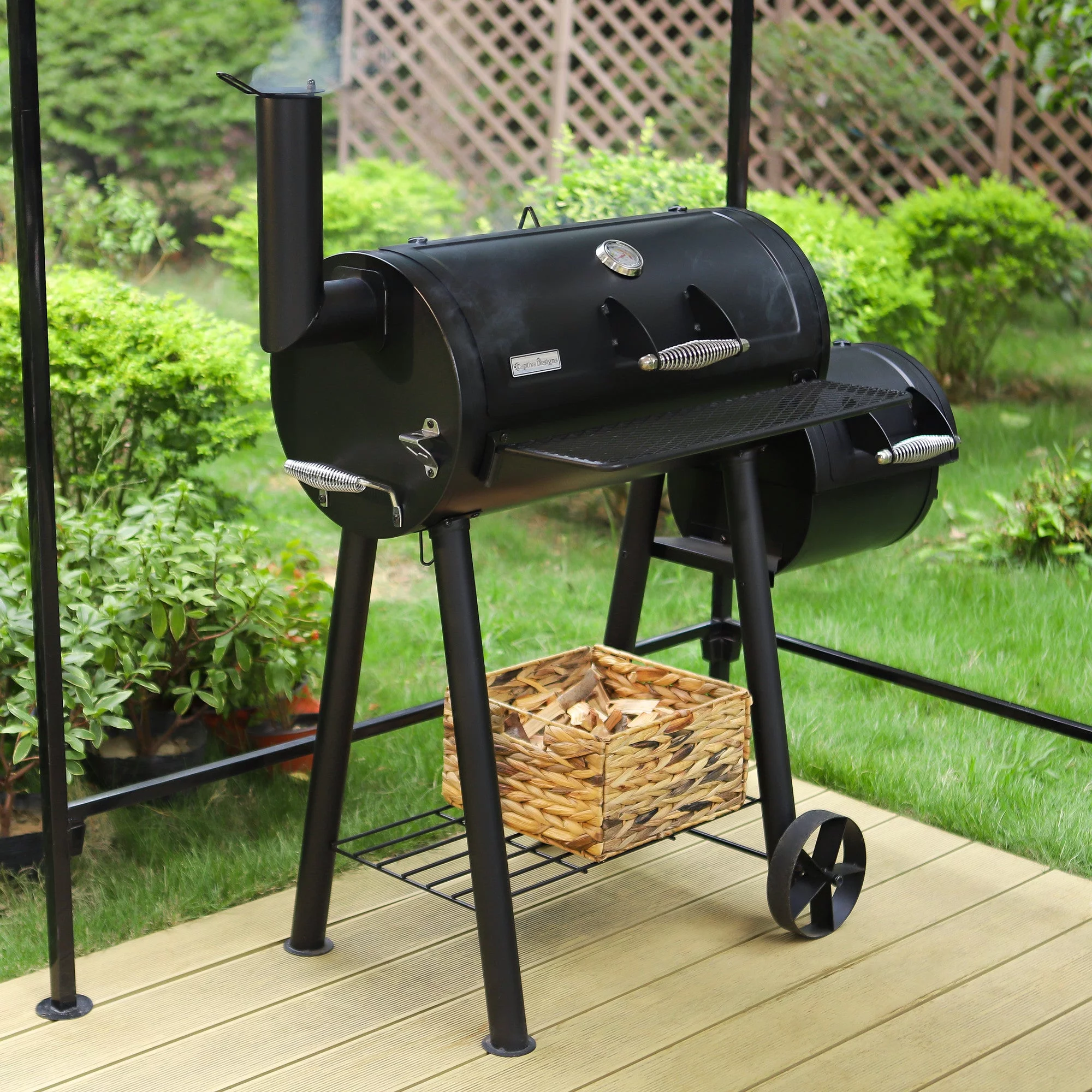 Alpha Joy Steel BBQ Charcoal Grill with Offset Smoker in Black
