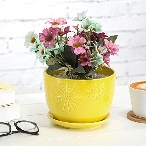 MyGift 7 Inch White Ceramic Indoor Plant Pot with Drainage Hole and Attached Saucer, Decorative Sunburst Design Round Planter Container