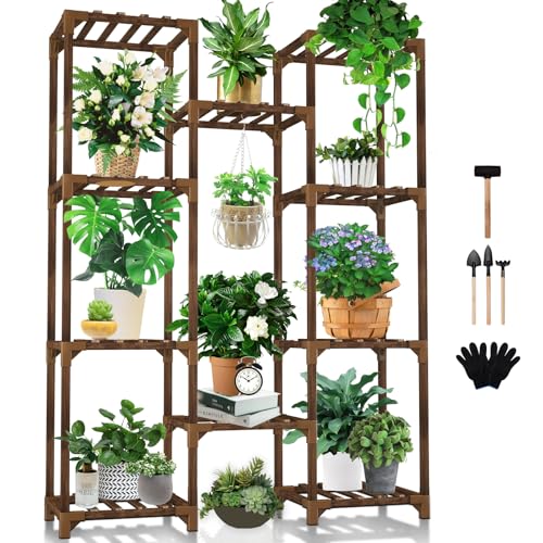 Uneedem Plant Stand Indoor Outdoor, Tall Plant Shelf for Multiple Plants, 10 tiers 11 Pot Large Plant Rack Wood Plant Holder Plant Shelves for Room Corner Balcony Garden Patio