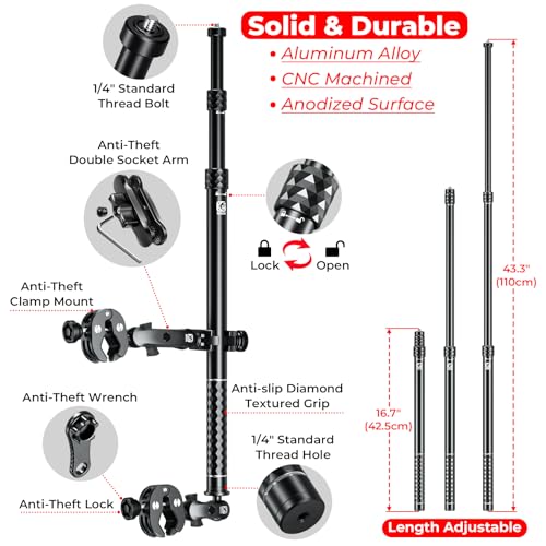 Aluminum Alloy Motorcycle Camera Mount Kit for GoPro Insta360 DJI, 360° Rotating Heavy-Duty Bike Handlebar Anti-Theft Clamp Mount with Extendable Selfie Stick for Motorcycle Bike ATV UTV