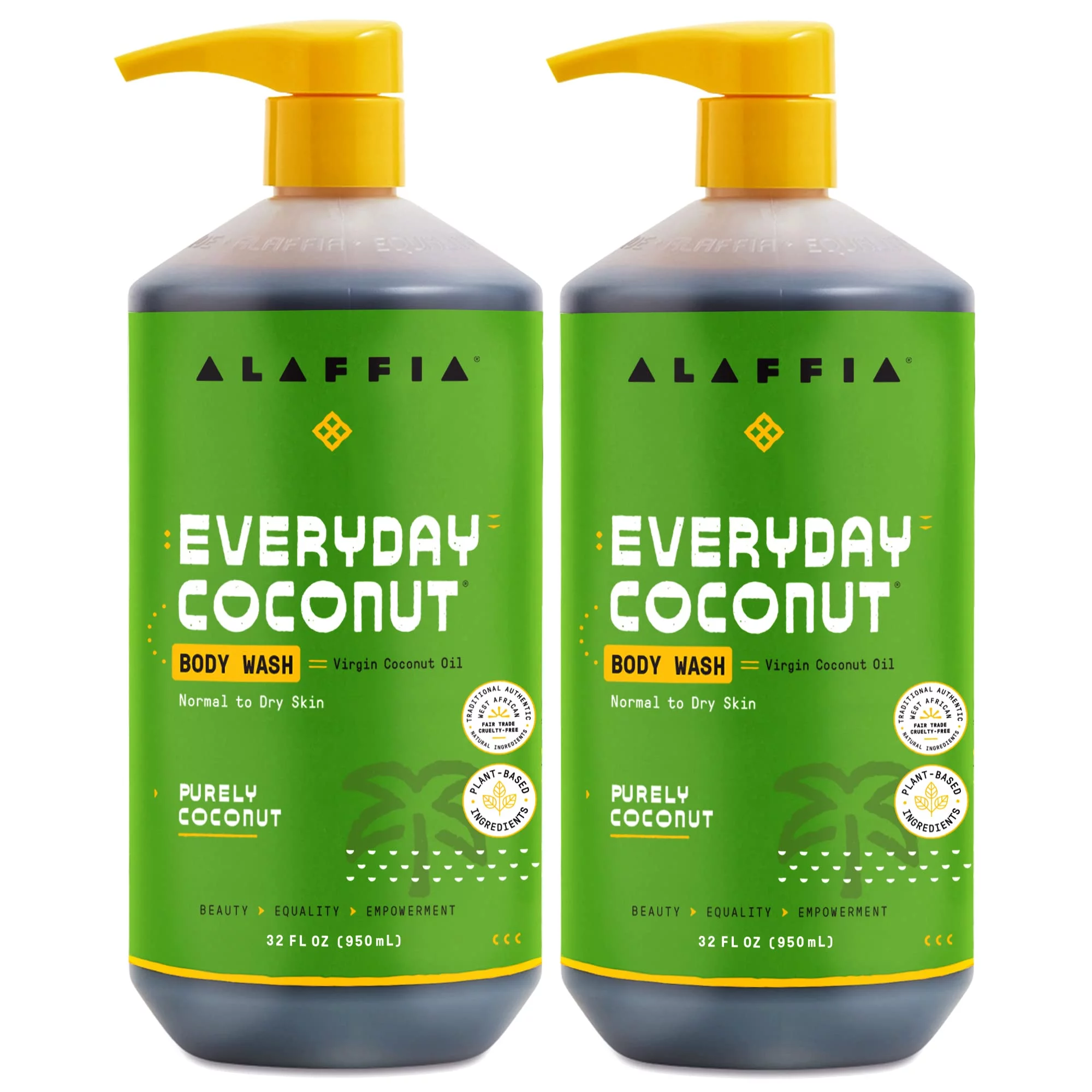 Alaffia Sensitive Skin Body Wash Pack, Everyday Coconut Body Wash For Men & Women, Natural Body Wash With Plant Based Ingredients, Coconut Oil, Coffee, Vitamin E, Purely Coconut (2 Pack-32 Fl Oz Ea).