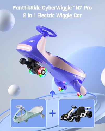 FanttikRide 12V N7 Pro Electric Wiggle Car with Pedal, Rechargeable Battery, CyberWiggle, 2 in 1 Swing Car, 2 Speed, Anti-Rollover, Flashing Wheels, Bluetooth, for Ages 3 and Up, 150 Lbs, Blue