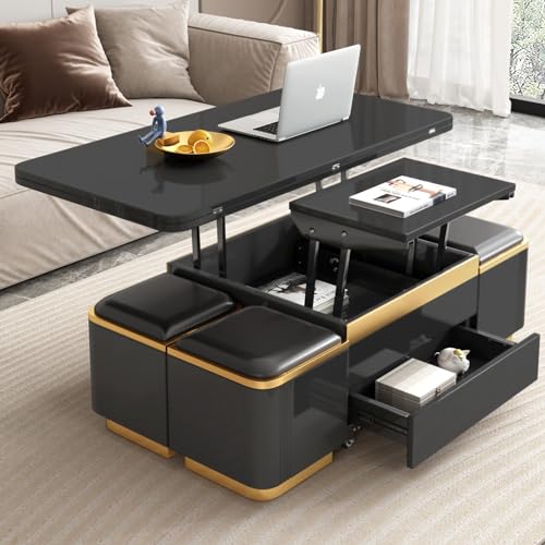 Multifunction Lift Top Coffee Table, Rectangle Folding Table with Storage and 4 Stools for Living Room, 3 in 1 Coffee to Dining Table Convertible, Modern Table That Lifts Up and Down, Black