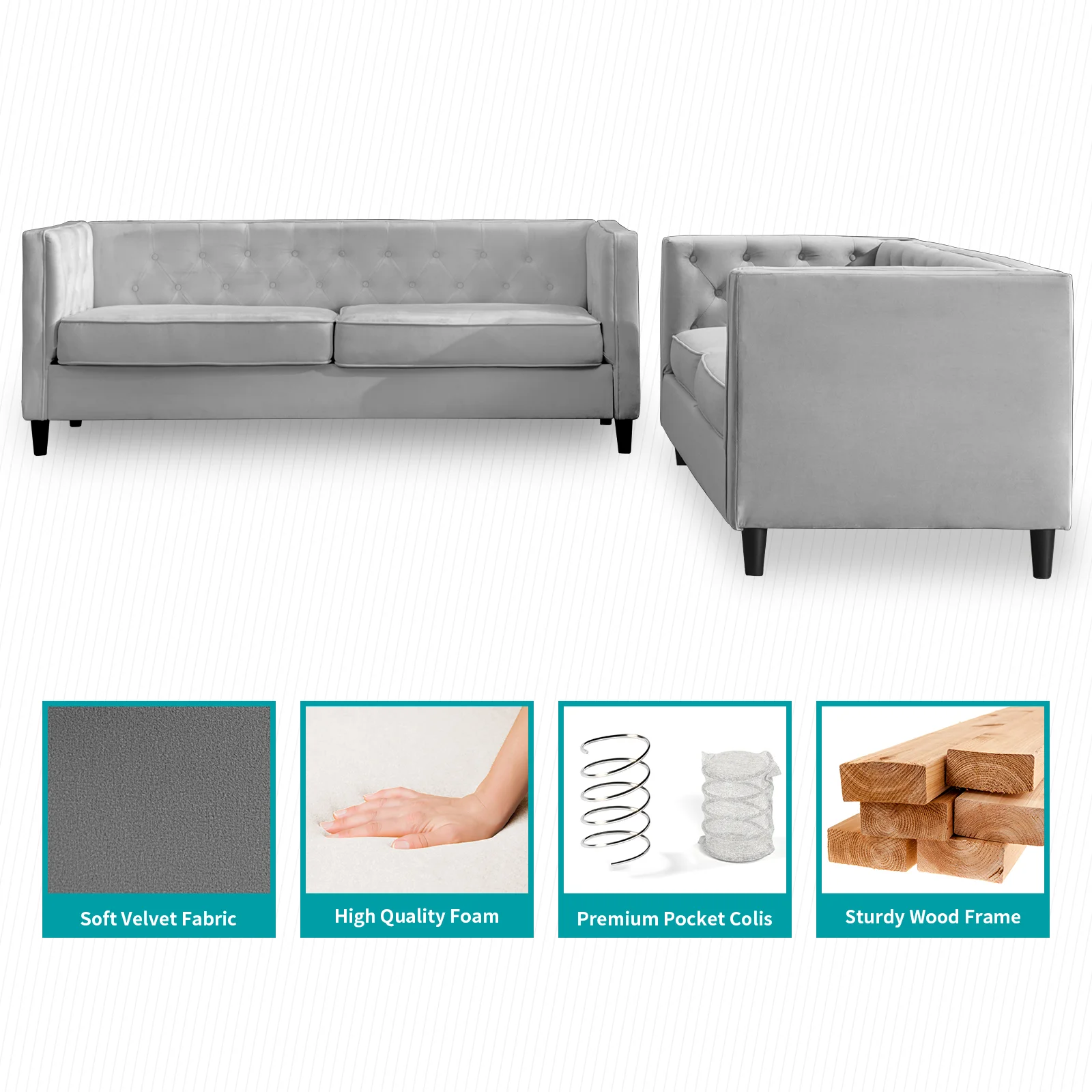 BALUS Modern Velvet Sofa Set，Loveseat and 3 Seater Sofa Couch Set, Livingroom Set, Button Tufted Couch for Big Spaces, Upholstered Sofa for Living Room Apartment Office - Light Gray