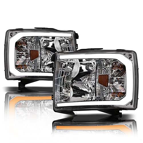 Alpha Owls 8712252 Crystal Headlights With Switchback Sequential LED Light Bar & Startup Light - Black Amber Fits 2007-2013 Chevy Silverado 1500/2007-2014 2500 3500 HD Halogen Models