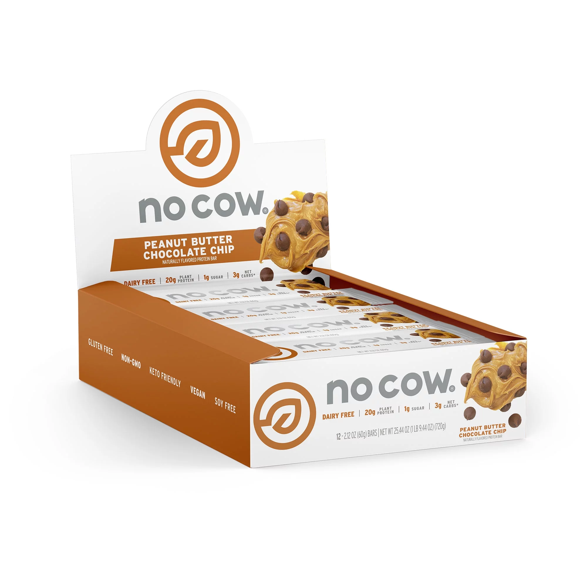 No Cow Vegan Protein Bars, Peanut Butter Chocolate Chip, Box of 12